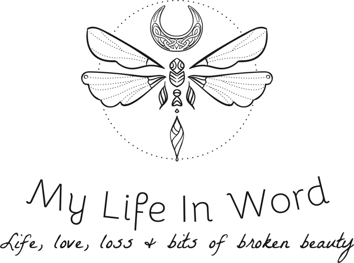 Logo design featuring a dragonfly with intricate details, surrounded by a circular pattern and a crescent moon. Below the dragonfly, the words 'My Life In Word' are displayed, followed by the tagline 'Life, love, loss & bits of broken beauty.'